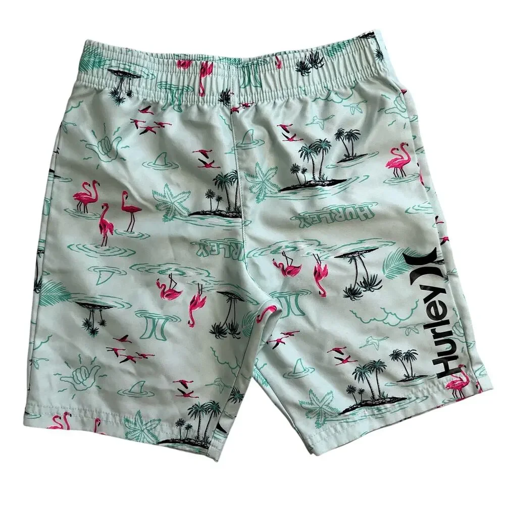 Hurley Swim Trunks Boys Size 7 Green Pink Flamingos Palm Trees Pool Beach